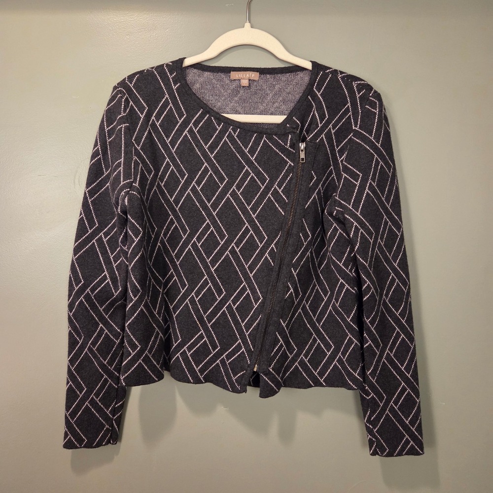 Lilla P Women's Cotton & Cashmere Geo Print Asymmetrical Sweater Jacket, Size L